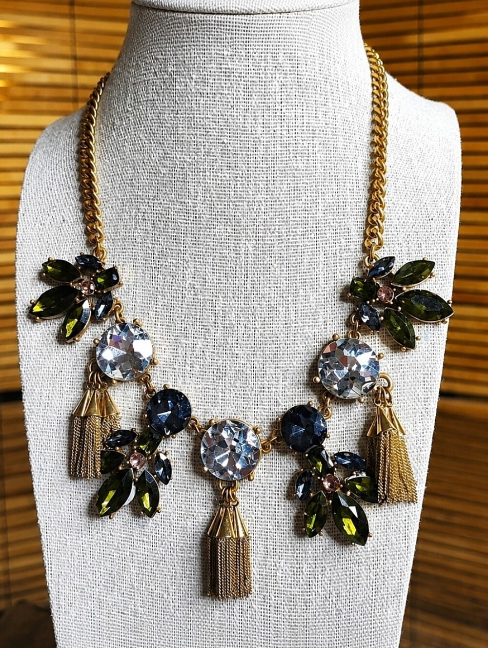 Ann Taylor Rhinestone Round Thick Clear Smoke Olivine Stones Statement Necklace